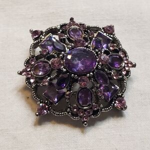 Elegant Purple Crystal Antiqued Silvertone Brooch